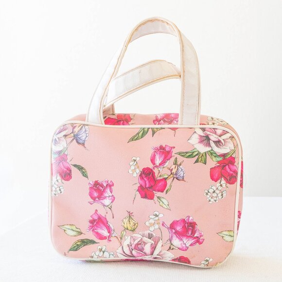 Betsey Johnson Floral Cosmetic Bag Pink Rose Print Bow Heart Zip Case - Picture 2 of 12